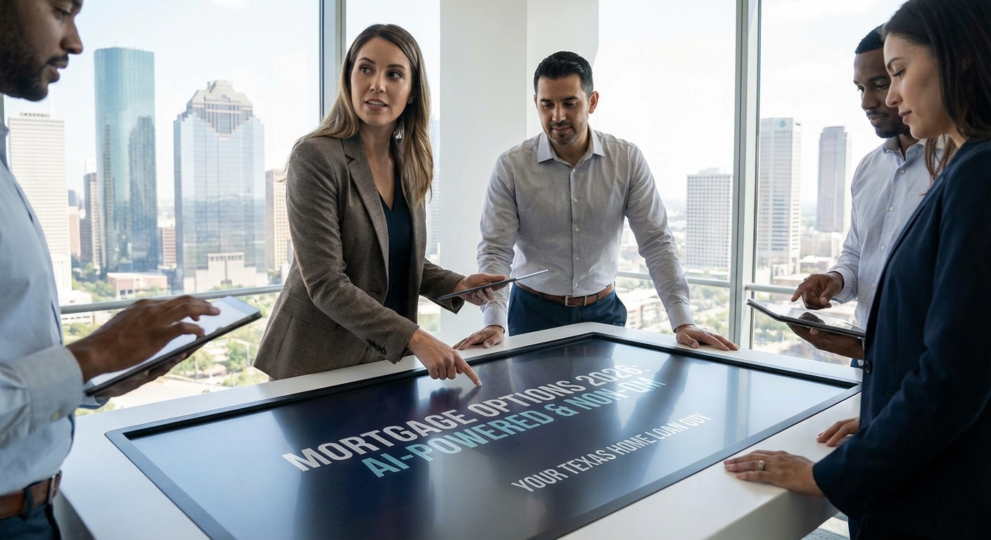 Illustration showing 2026 mortgage options including AI-powered loan applications and non-QM loan types